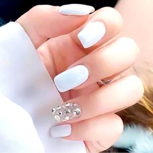 White with Rhinestone Press On Nails